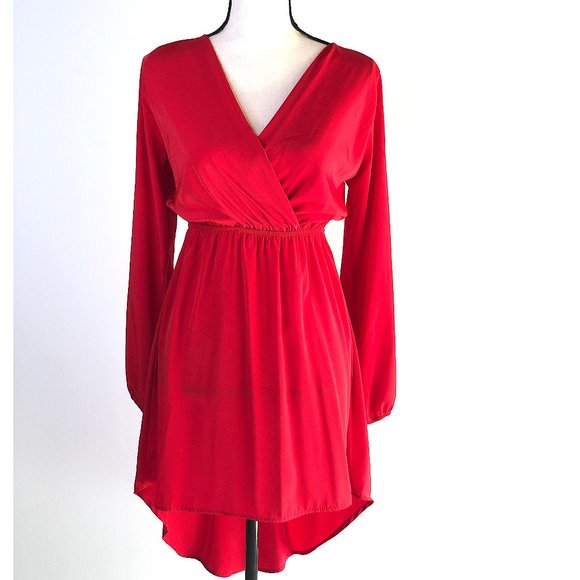 Everly Dresses & Skirts - EVERLY RED LONG SLEEVE FAUX WRAP HI LOW DRESS